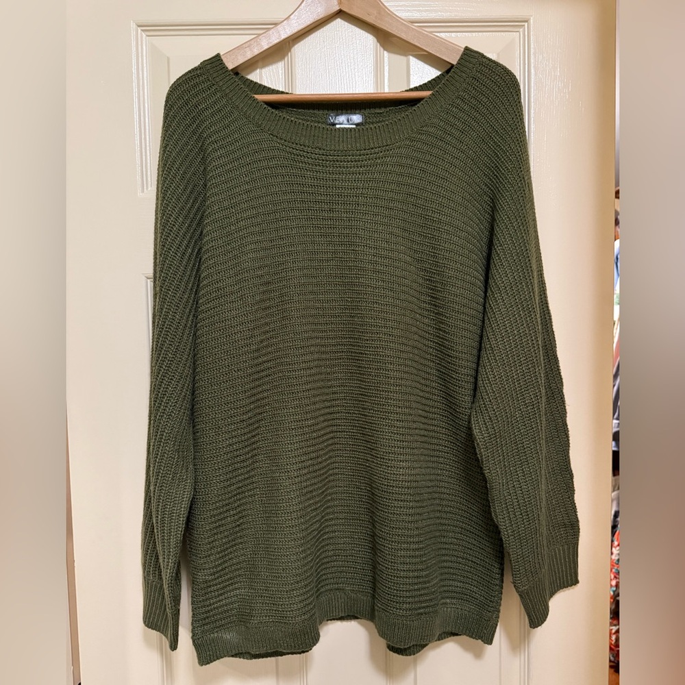 VENUS Olive Green Sweater, Ribbed Knit, Button Detailing On Back